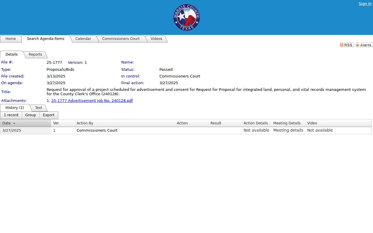 Harris County previous residents County Clerk records system project
