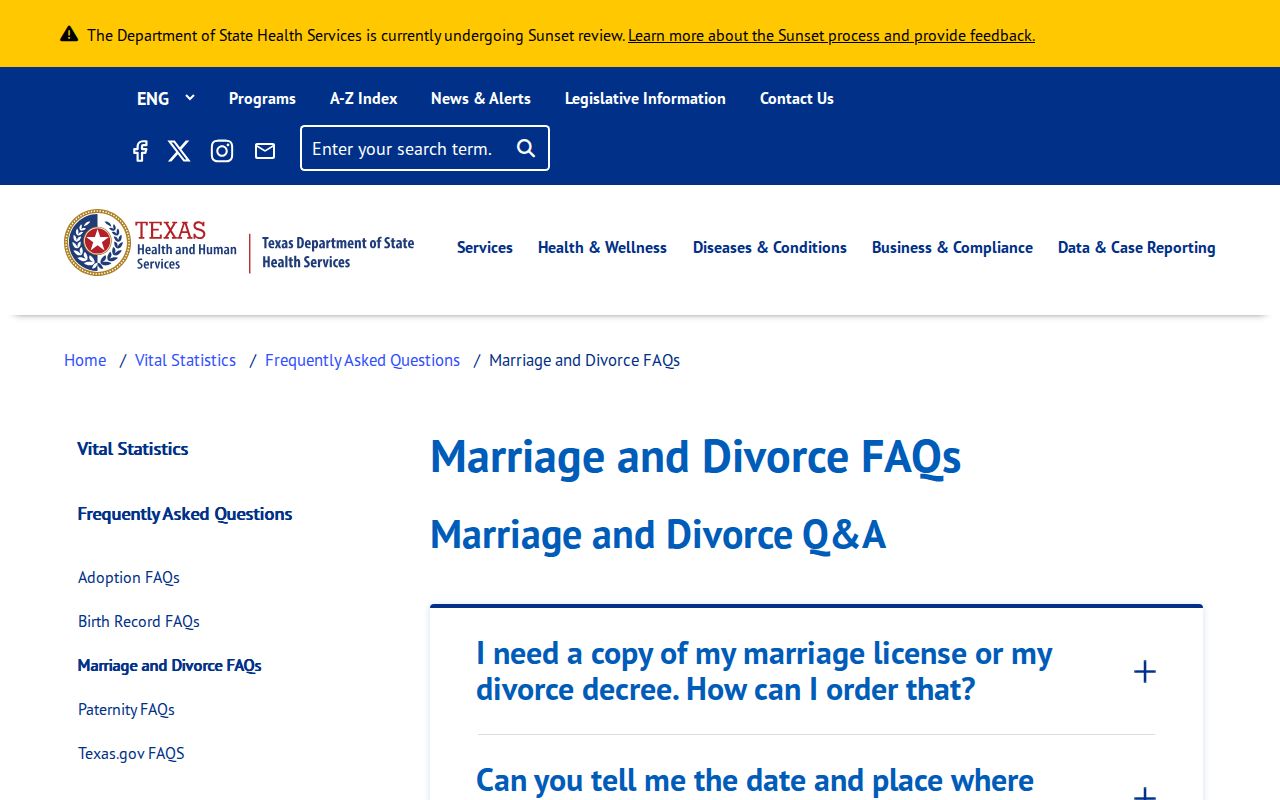 Harris County previous residents Texas marriage and divorce index guidance