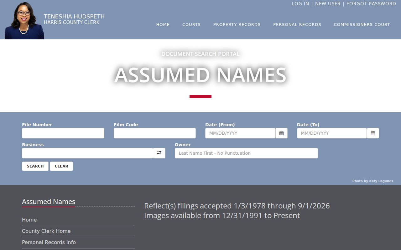 Harris County resident lookup through the County Clerk assumed-name search