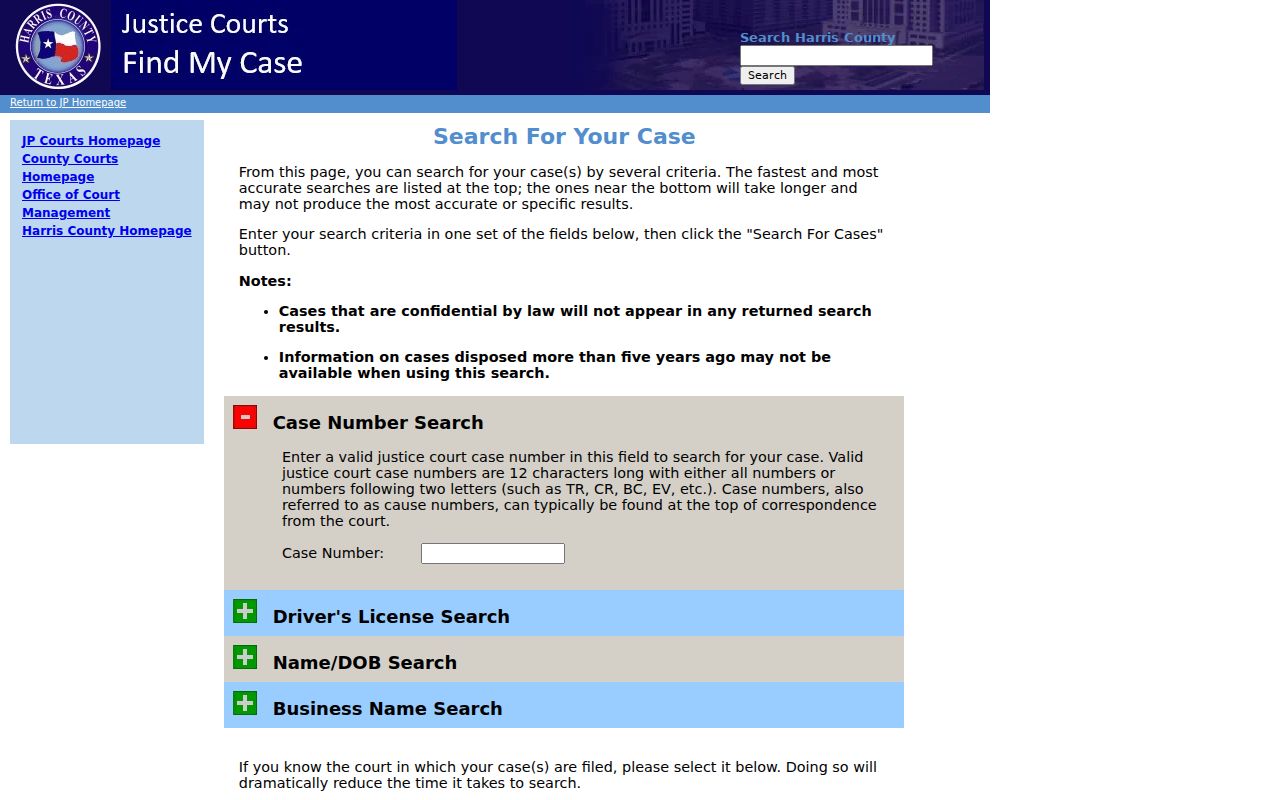 Harris County resident lookup using the Justice of the Peace case search