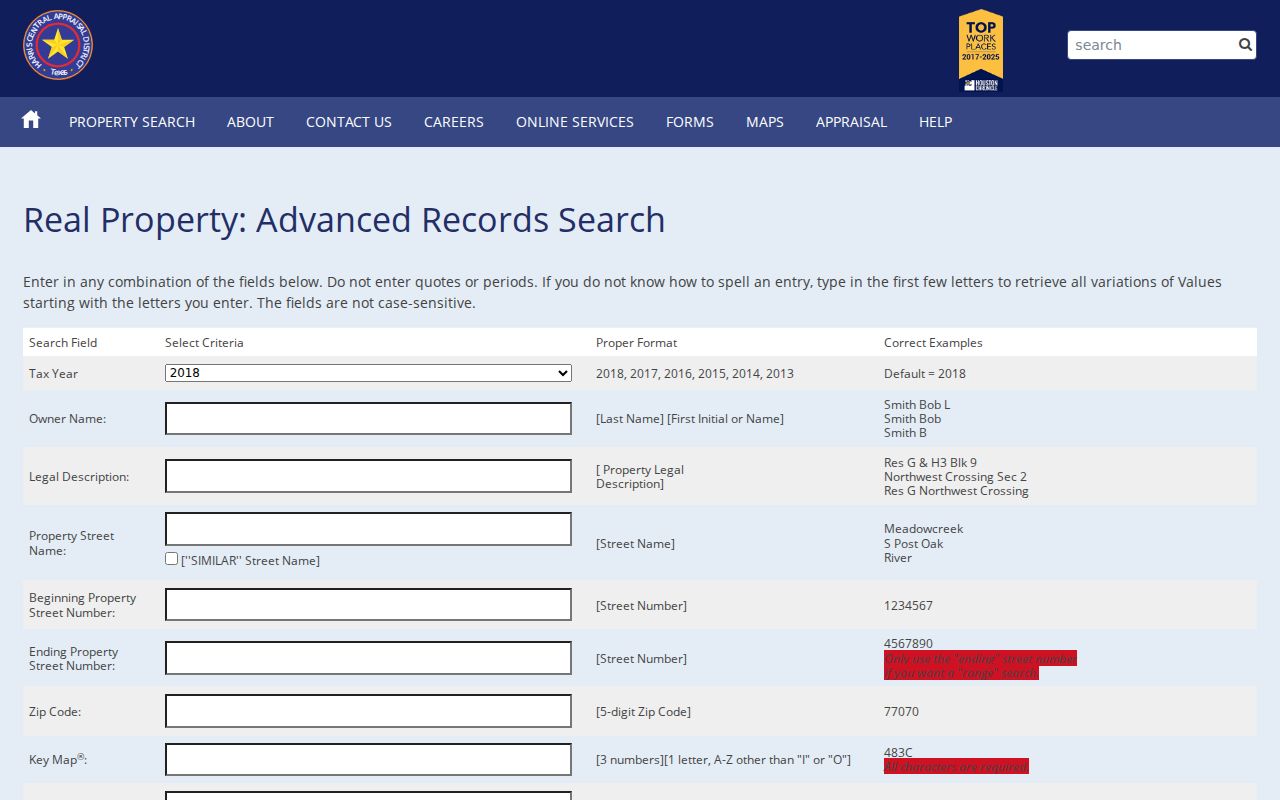 Harris County street directory HCAD advanced address and ZIP search
