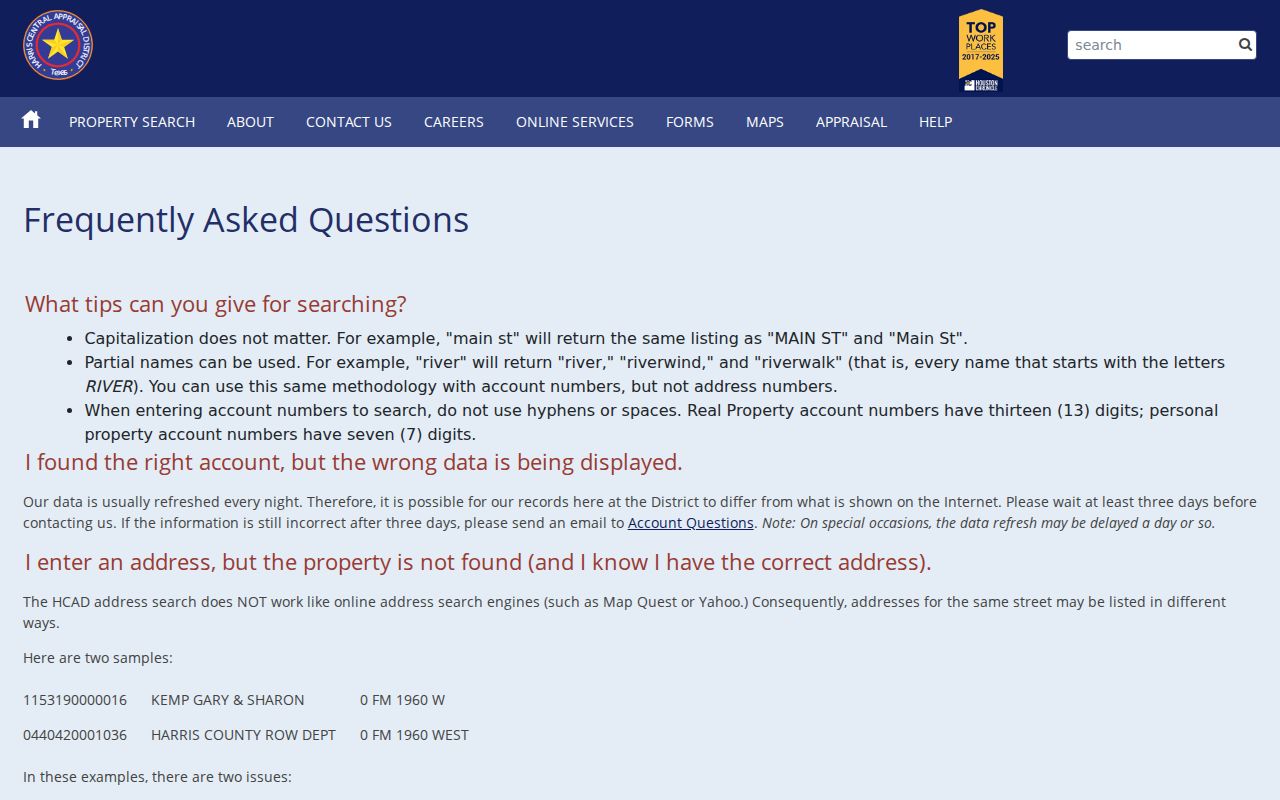 Harris County street directory HCAD address search help